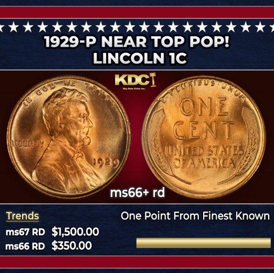 1929-p Lincoln Cent Near Top Pop! 1c ms66+ rd SEGS