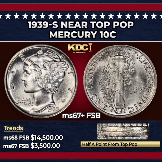 1939-s Mercury Dime Near Top Pop 10c ms67+ FSB SEGS