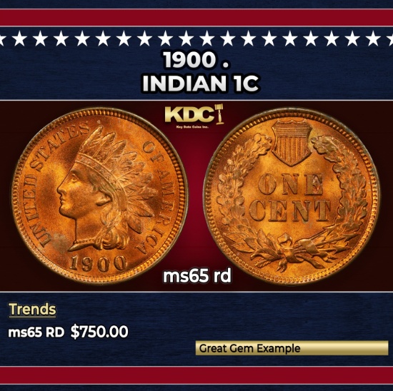 1900 Indian Cent . 1c Grades ms65 rd