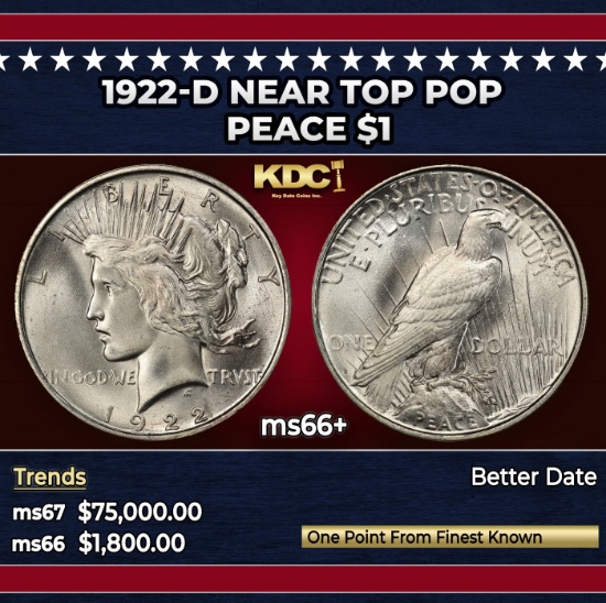 1922-d Peace Dollar Near Top Pop $1 ms66+ SEGS