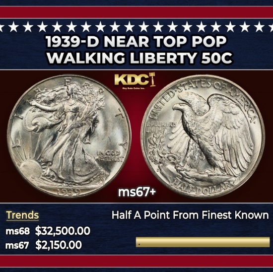 1939-d Walking Liberty Half Dollar Near Top Pop 50c ms67+ SEGS