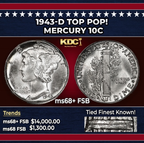1943-d Mercury Dime TOP POP! 10c ms68+ FSB SEGS