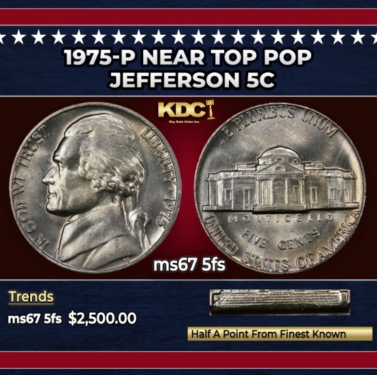 1975-p Jefferson Nickel Near Top Pop 5c ms67 5fs SEGS