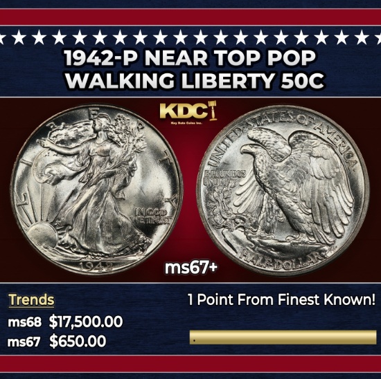 1942-p Walking Liberty Half Dollar Near Top Pop 50c ms67+ SEGS