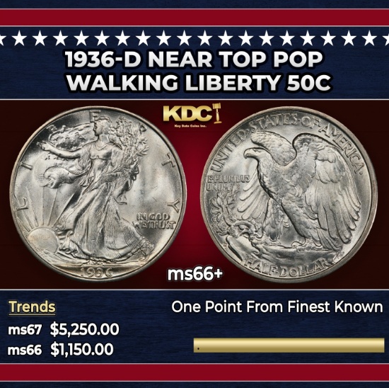 1936-d Walking Liberty Half Dollar Near Top Pop 50c ms66+ SEGS
