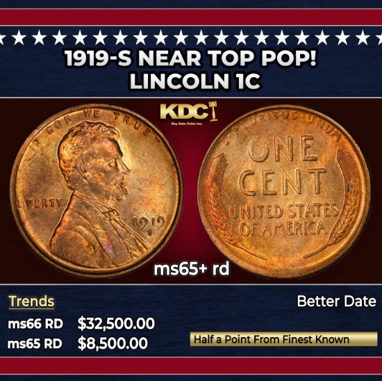 1919-s Lincoln Cent Near Top Pop! 1c ms65+ rd SEGS