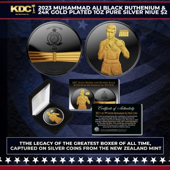 2023 Muhammad Ali Black Ruthenium & 24K Gold Plated 1oz Pure Silver New Zealand Niue $2 Other Toy