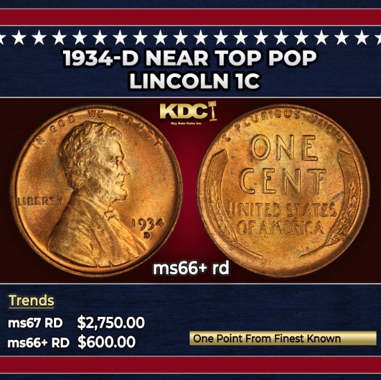 1934-d Lincoln Cent Near Top Pop 1c ms66+ rd SEGS