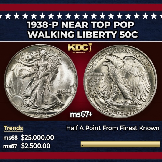 1938-p Walking Liberty Half Dollar Near Top Pop 50c ms67+ SEGS
