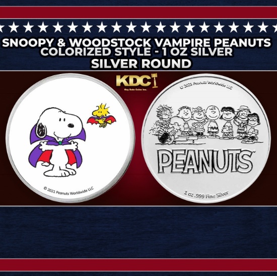 Snoopy & Woodstock Vampire Peanuts Colorized Style - 1 oz Silver Round Round
