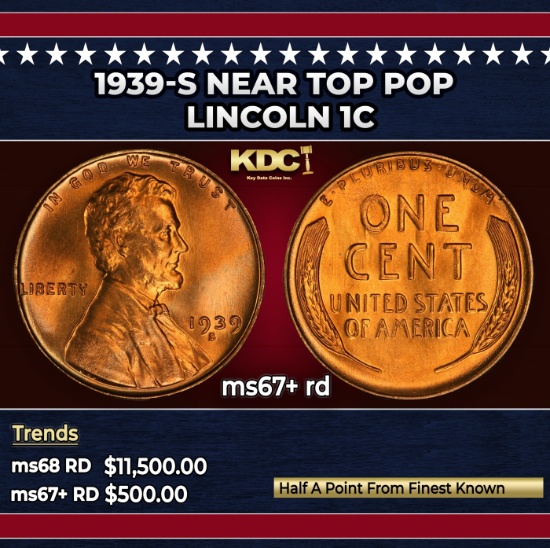 1939-s Lincoln Cent Near Top Pop 1c ms67+ rd SEGS