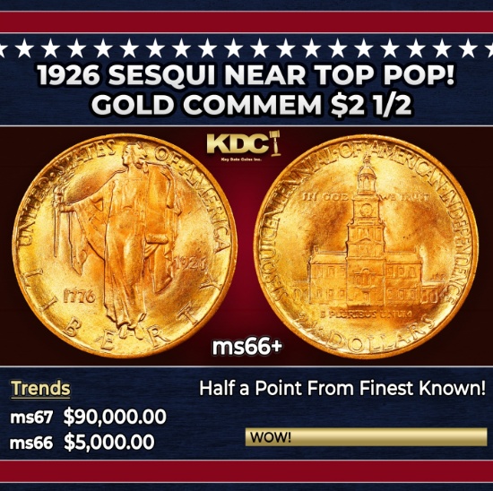 1926 Sesqui Gold Commem Near Top Pop! $2 1/2 ms66+ SEGS