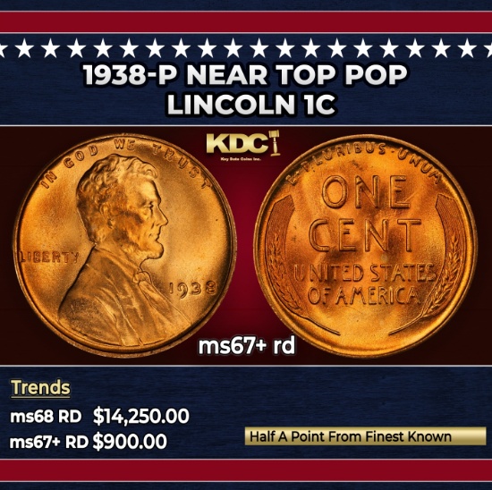 1938-p Lincoln Cent Near Top Pop 1c ms67+ rd SEGS