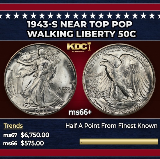 1943-s Walking Liberty Half Dollar Near Top Pop 50c ms66+ SEGS