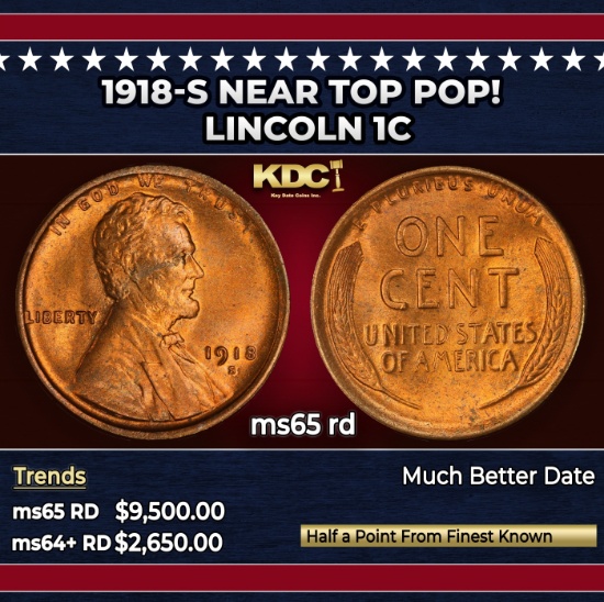 1918-s Lincoln Cent Near Top Pop! 1c ms65 rd SEGS