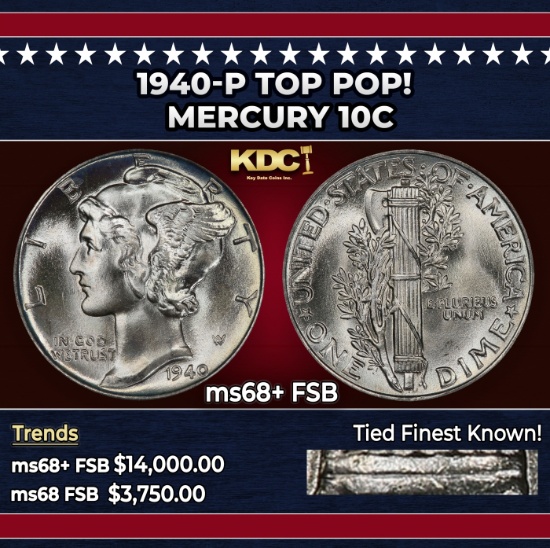 1940-p Mercury Dime TOP POP! 10c ms68+ FSB SEGS