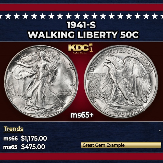 1941-s Walking Liberty Half Dollar 50c Grades ms65+
