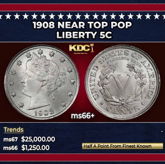 1908 Liberty Nickel Near Top Pop 5c ms66+ SEGS