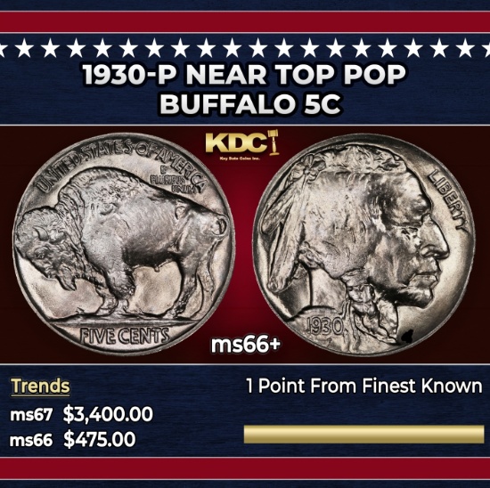1930-p Buffalo Nickel Near Top Pop 5c ms66+ SEGS