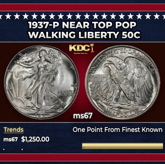 1937-p Walking Liberty Half Dollar Near Top Pop 50c ms67 SEGS