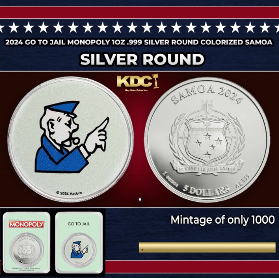 2024 GO TO JAIL Monopoly 1oz .999 Silver Round Colorized Samoa Round