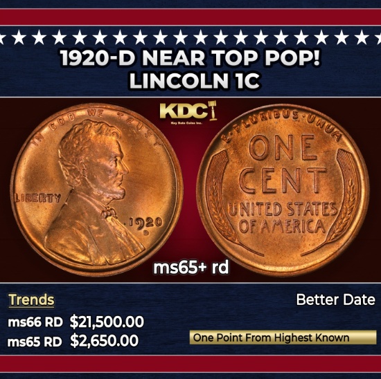 1920-d Lincoln Cent Near Top Pop! 1c ms65+ rd SEGS