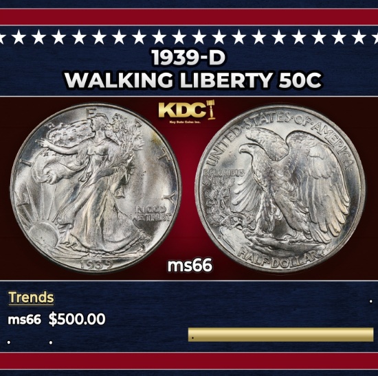 1939-d Walking Liberty Half Dollar 50c Grades ms66