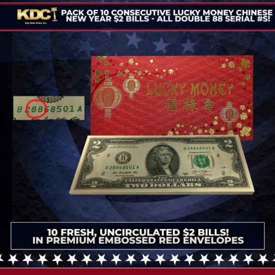 Pack of 10 Consecutive Lucky Money Chinese New Year $2 Bills - All Double 88 Serial #s! Other Toy