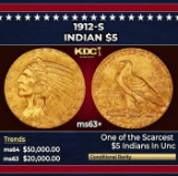 1912-s Gold Indian Half Eagle $5 ms63+ USCG