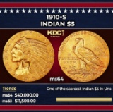 1910-s Gold Indian Half Eagle $5 ms64 USCG