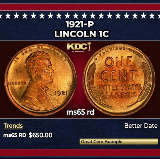 1921-p Lincoln Cent 1c Grades ms65 rd