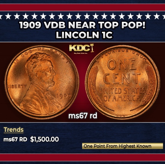 1909 VDB Lincoln Cent Near Top Pop! 1c ms67 rd SEGS
