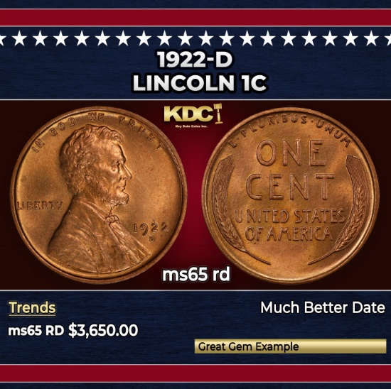 1922-d Lincoln Cent 1c ms65 rd SEGS