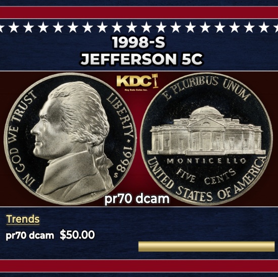 1998-s Proof Jefferson Nickel 5c pr70 dcam SEGS