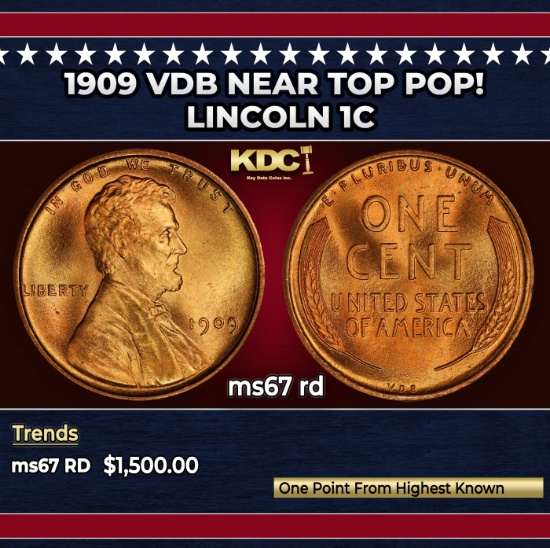 1909 VDB Lincoln Cent Near Top Pop! 1c ms67 rd SEGS