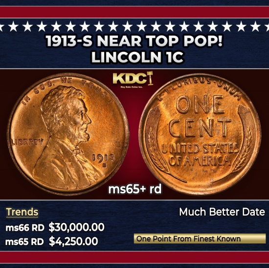1913-s Lincoln Cent Near Top Pop! 1c ms65+ rd SEGS