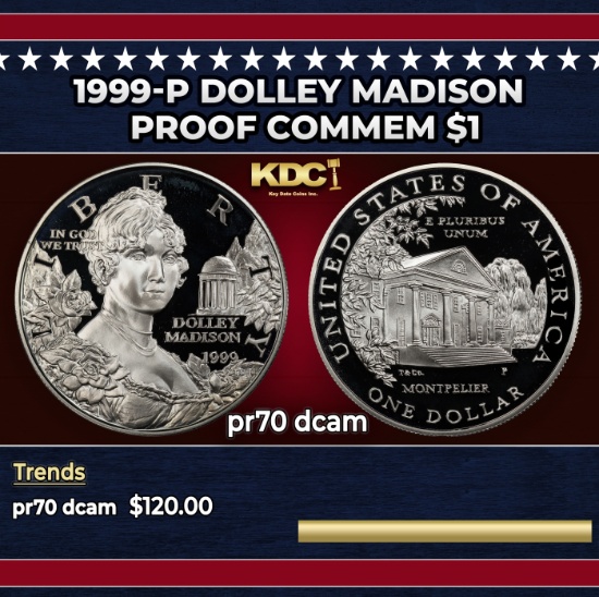 1999-P Dolley Madison Proof Modern Commem Dollar $1 pr70 dcam SEGS