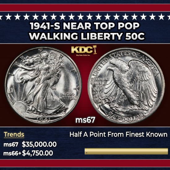 1941-s Walking Liberty Half Dollar Near Top Pop 50c ms67 SEGS