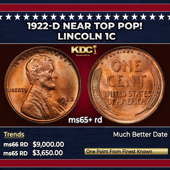 1922-d Lincoln Cent Near Top Pop! 1c ms65+ rd SEGS