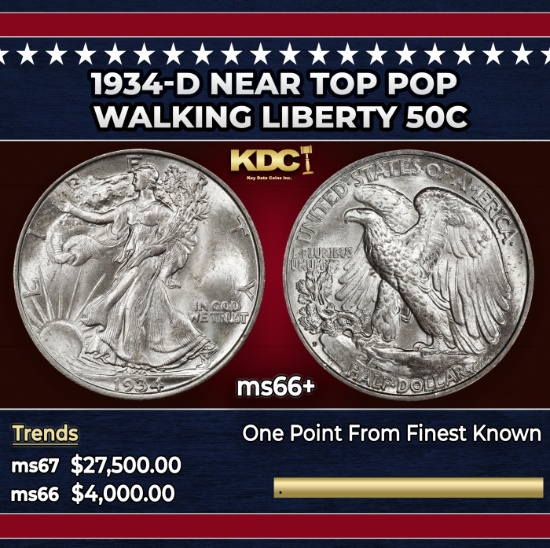1934-d Walking Liberty Half Dollar Near Top Pop 50c ms66+ SEGS