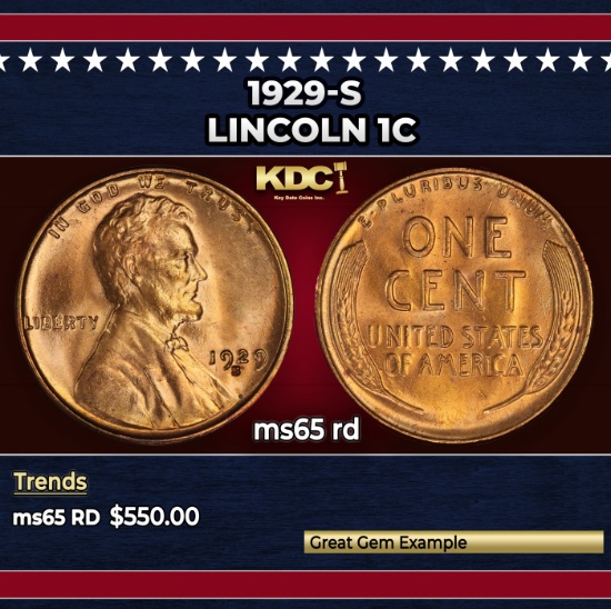 1929-s Lincoln Cent 1c Grades ms65 rd