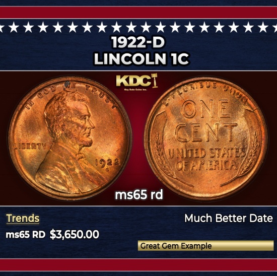 1922-d Lincoln Cent 1c ms65 rd SEGS