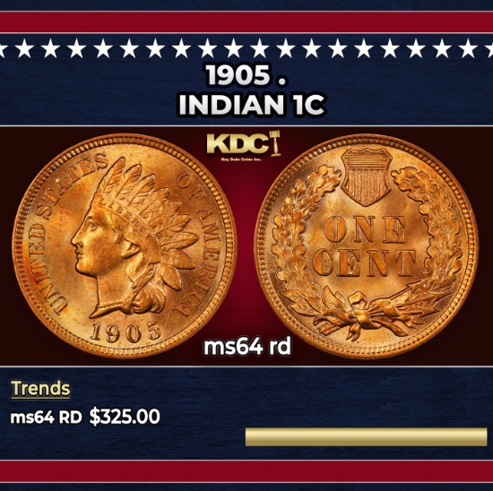 1905 Indian Cent . 1c Grades ms64 rd