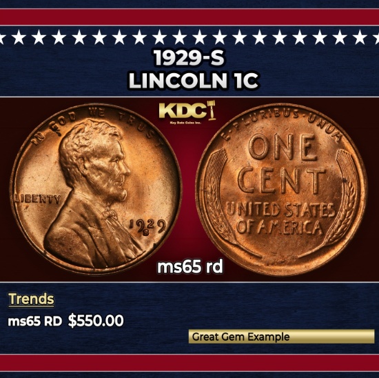 1929-s Lincoln Cent 1c Grades ms65 rd