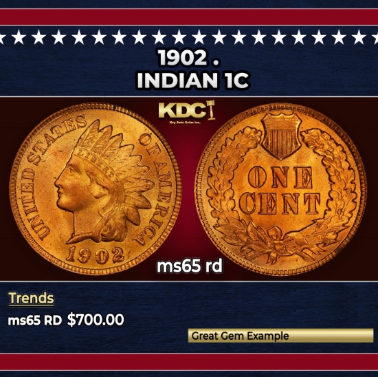 1902 Indian Cent . 1c Grades ms65 rd