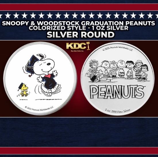 Snoopy & Woodstock Graduation Peanuts Colorized Style - 1 oz Silver Round Round