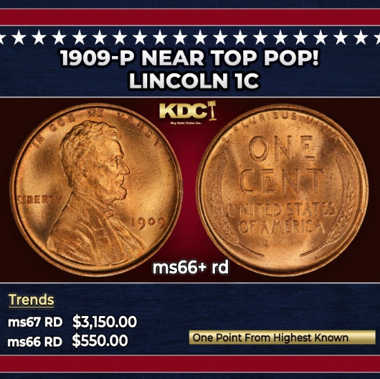 1909-p Lincoln Cent Near Top Pop! 1c ms66+ rd SEGS