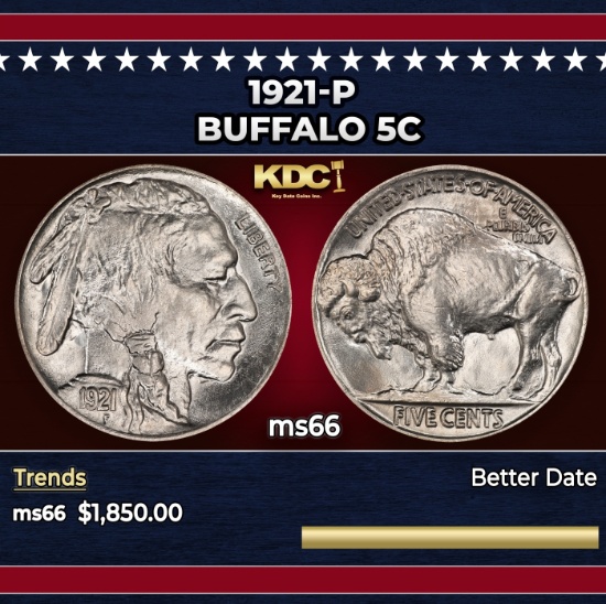 1921-p Buffalo Nickel 5c ms66 SEGS