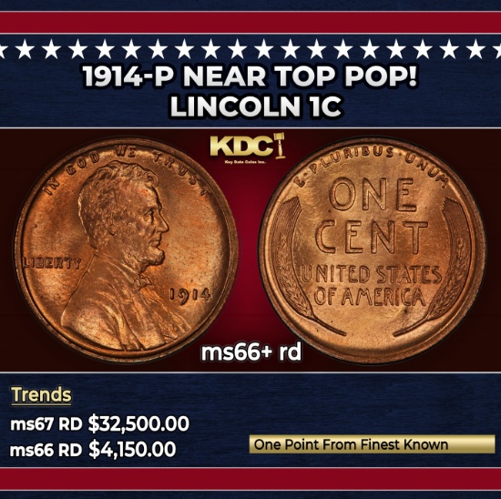 1914-p Lincoln Cent Near Top Pop! 1c ms66+ rd SEGS