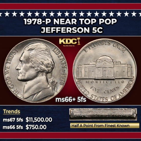 1978-p Jefferson Nickel Near Top Pop 5c ms66+ 5fs SEGS
